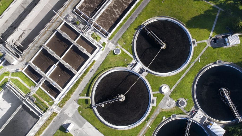 Sewage treatment plant - waste water purification, aerial view